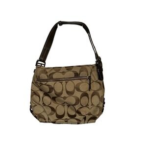 Coach Signature C Monogram Hobo Bag Brown Tan Leather Trim Shoulder Bag